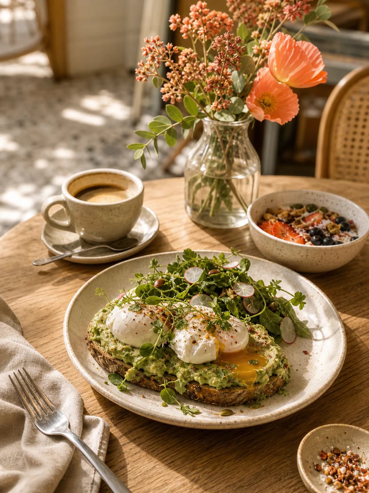 Desayuno servido en una mesa con luz de mañana, café y flores