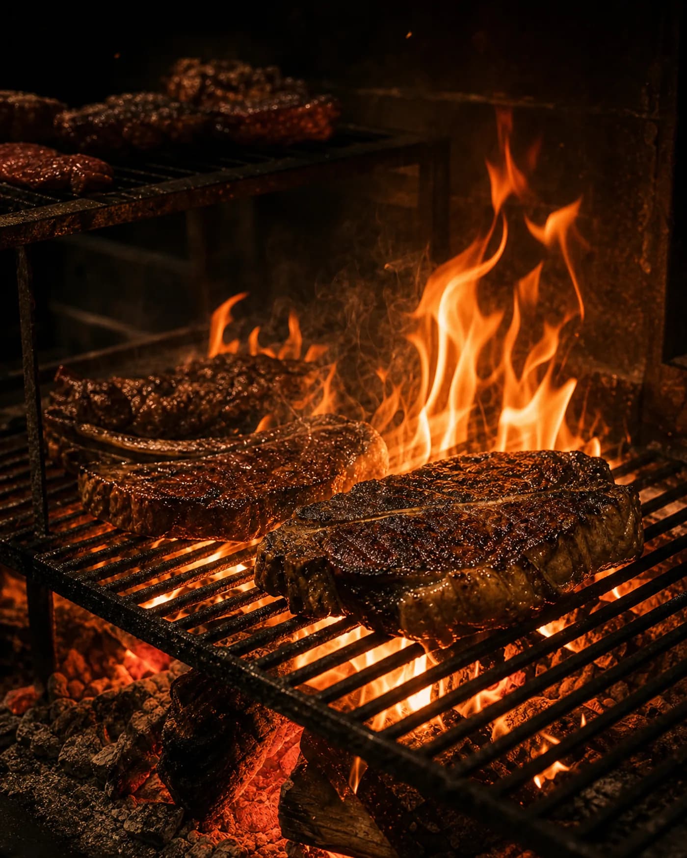 Cortes de carne sobre la parrilla con fuego vivo