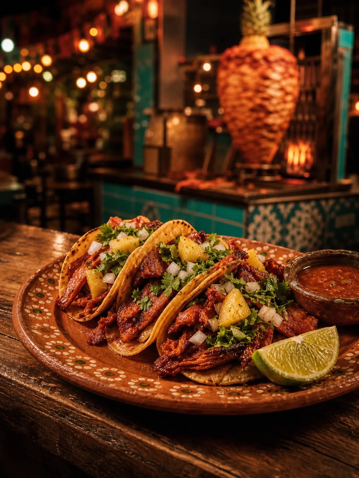 Tacos al pastor con piña y limón sobre un plato de barro