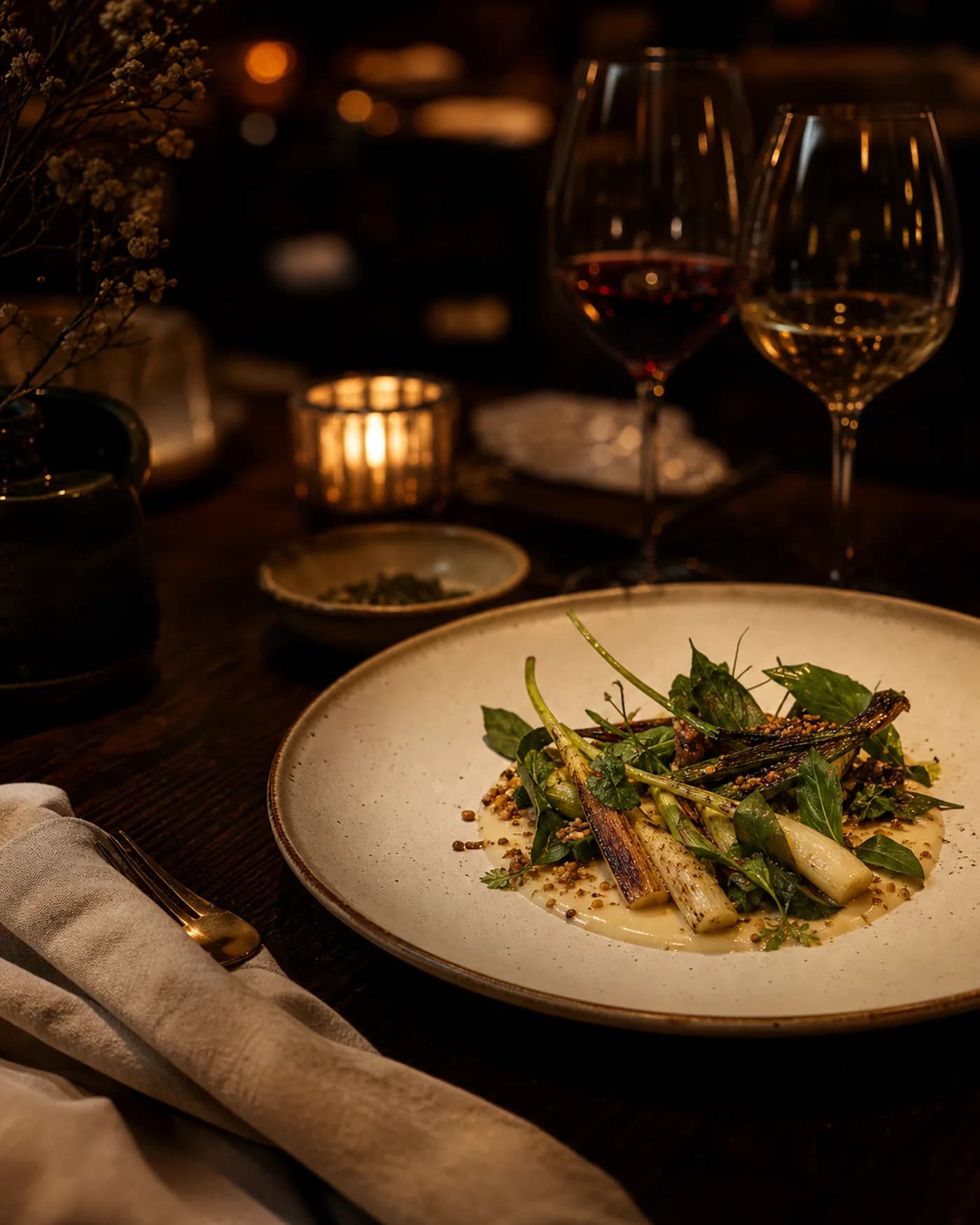 Plato de alta cocina servido en una mesa con copas de vino y velas