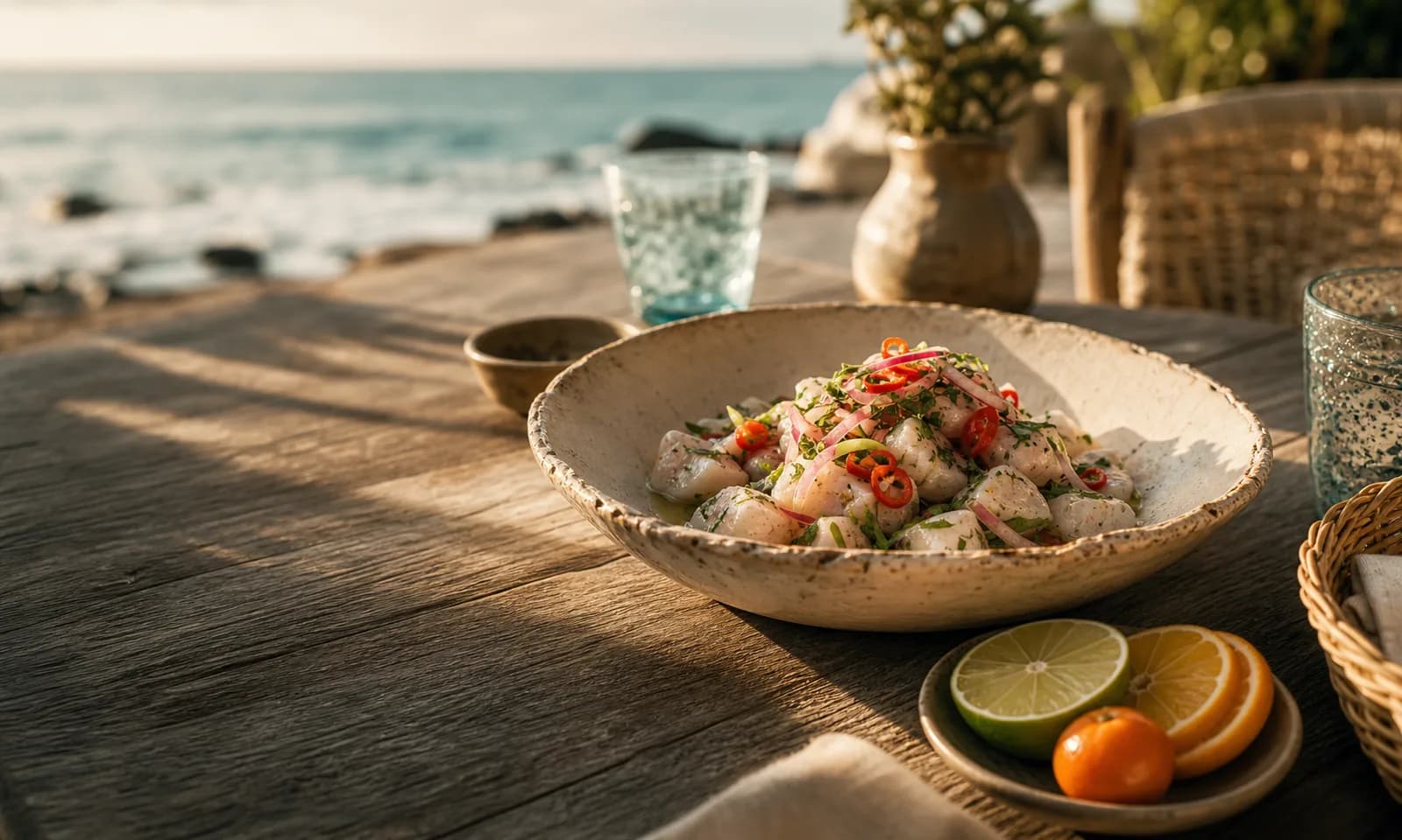 Ceviche servido en una mesa de madera junto a la playa