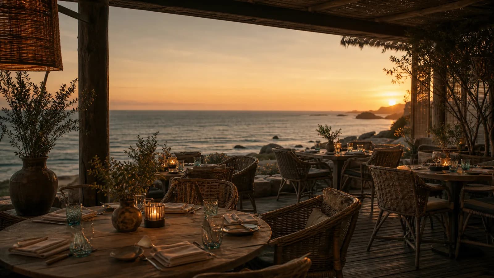Terraza de un restaurante frente al mar al atardecer, con mesas puestas y velas