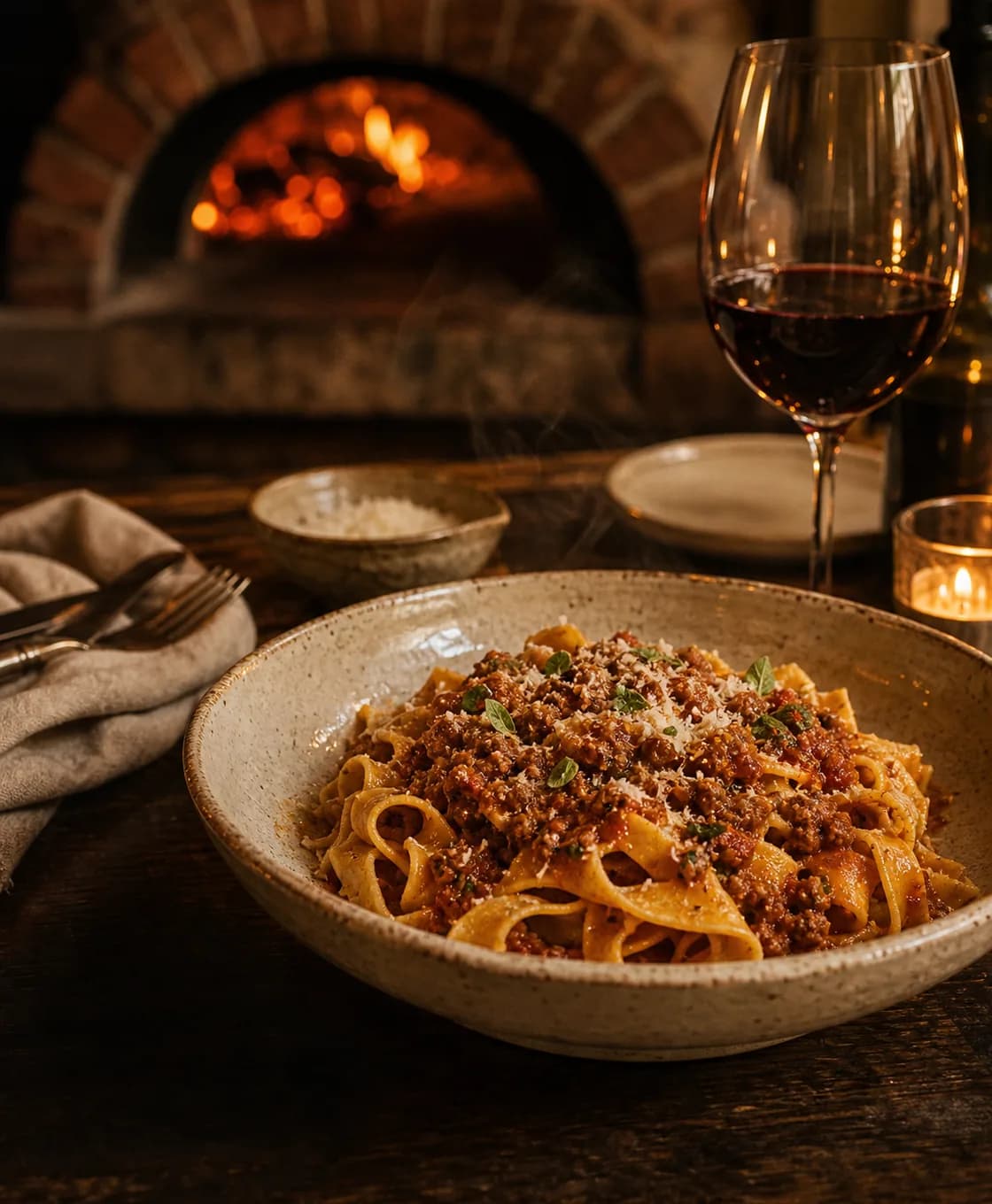 Mesa reservada con pasta, copa de vino tinto y horno de leña al fondo