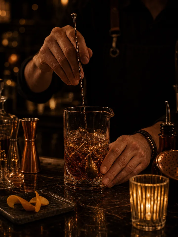Bartender de autor preparando un cóctel con técnica y precisión bajo luz ámbar