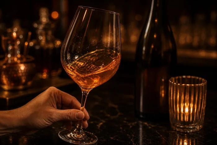 Copa de vino natural naranja con sedimento fino