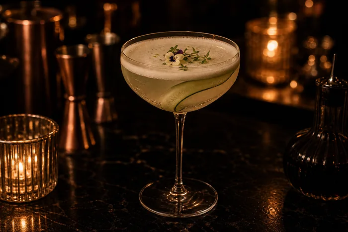 Cóctel claro con hierbas frescas y espuma de albahaca