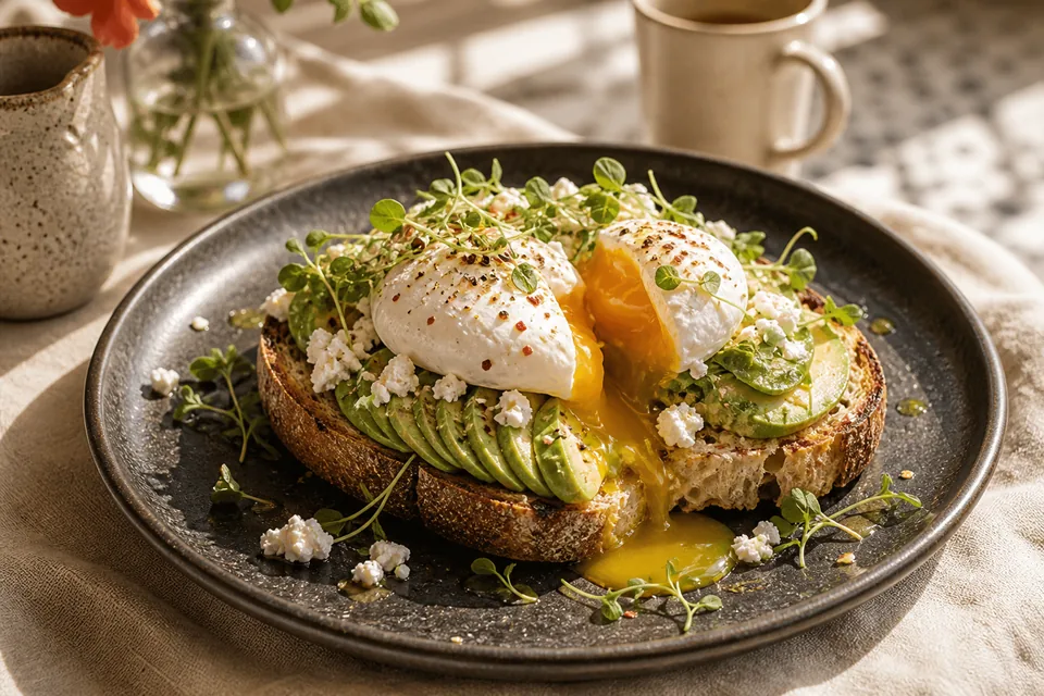 Plato de brunch completo con huevos y tostadas artesanales