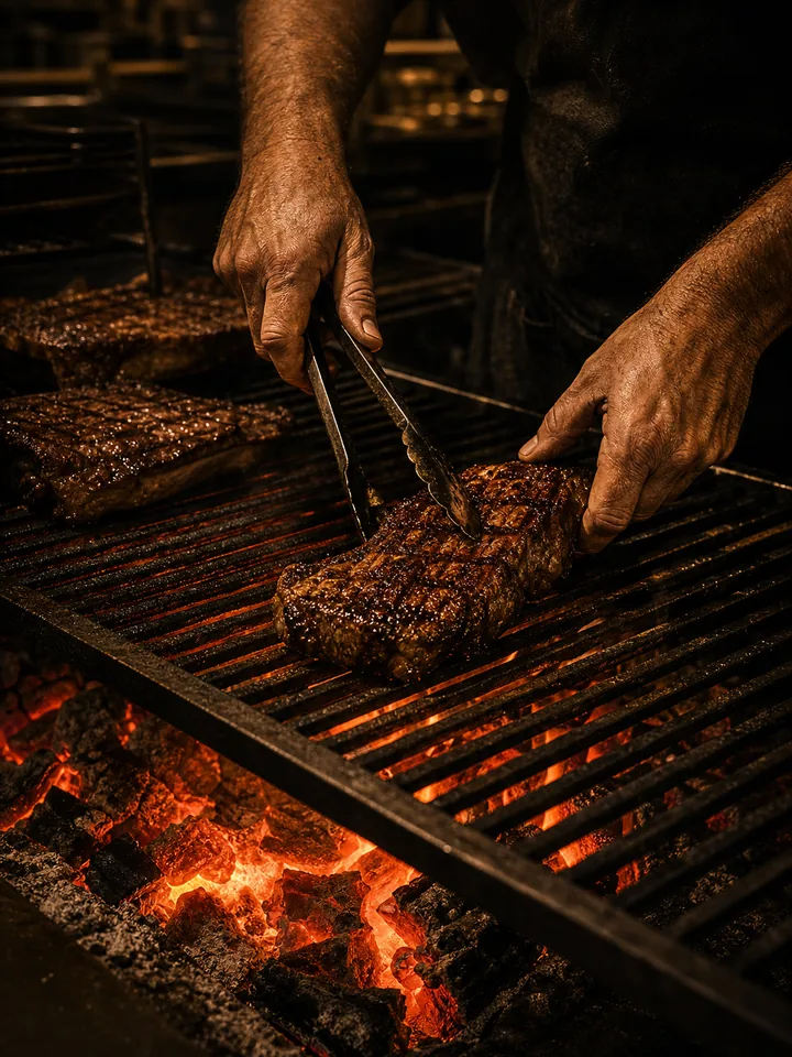 Maestro parrillero trabajando el fuego con pinzas sobre la parrilla