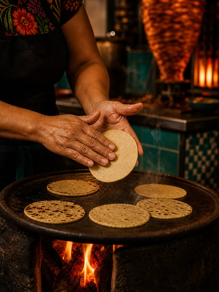 Cocinera mexicana formando tortillas a mano en comal de barro sobre fuego vivo
