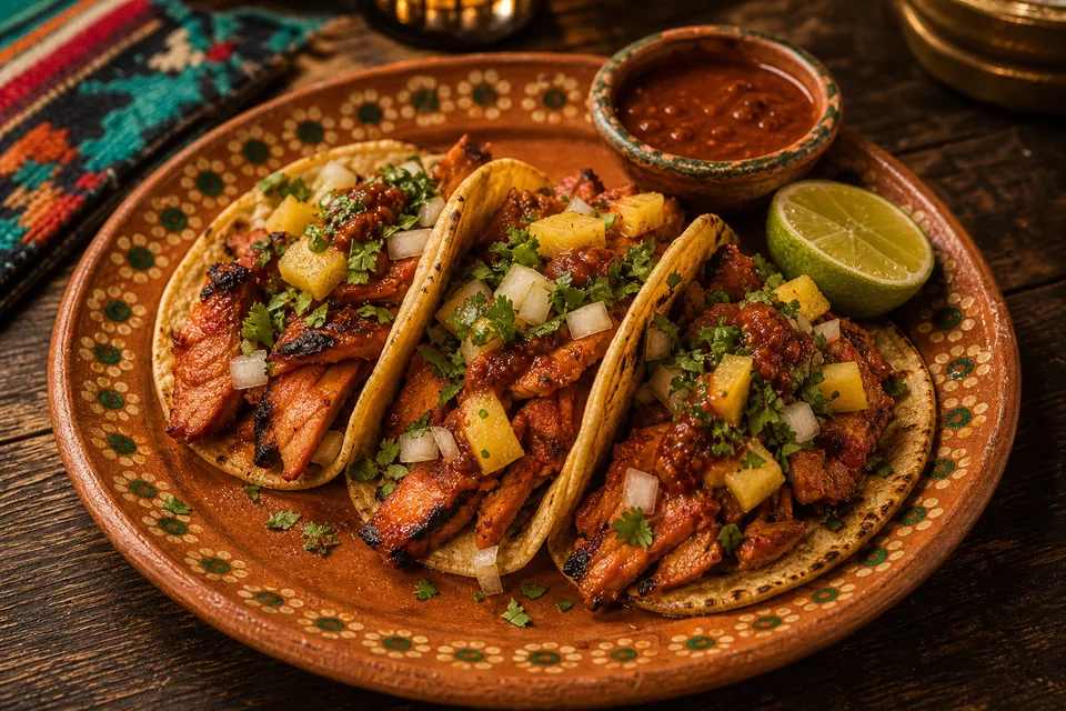 Orden de tacos al pastor con piña y cilantro en tortilla de maíz artesanal