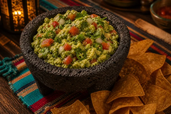 Molcajete de guacamole con totopos crujientes y pico de gallo