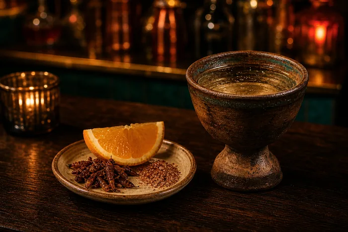 Copa de mezcal artesanal con sal de gusano y naranja