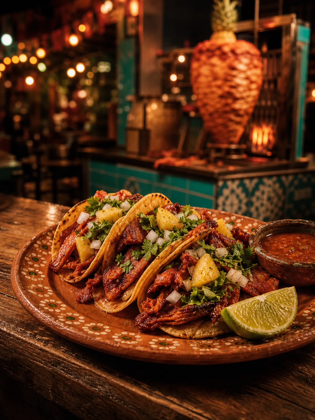 Mesa de tacos al pastor en hoja de maíz con colores vibrantes y mezcal artesanal