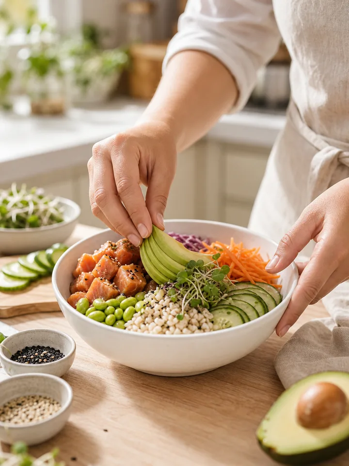 Manos preparando un bowl fresco con ingredientes coloridos y salsas artesanales en una cocina luminosa