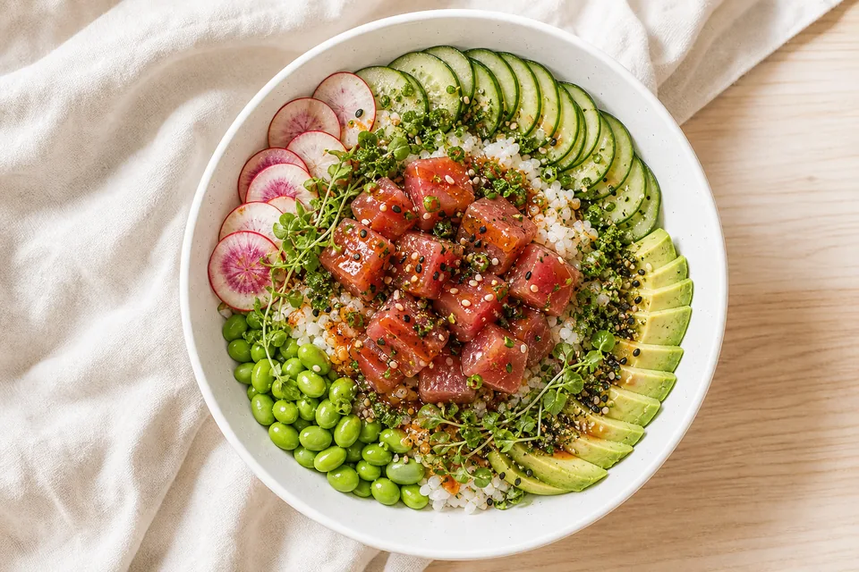 Poke bowl de atún fresco con arroz de sushi, edamame, aguacate y salsa ponzu