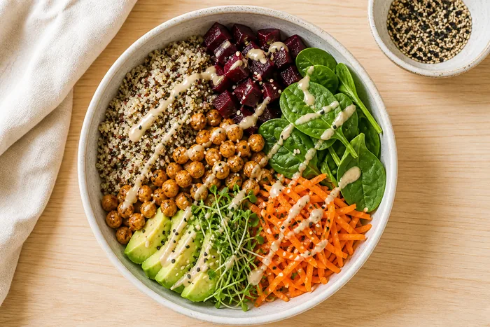 Buddha bowl vegano colorido con garbanzos rostizados, quinoa, remolacha y tahini