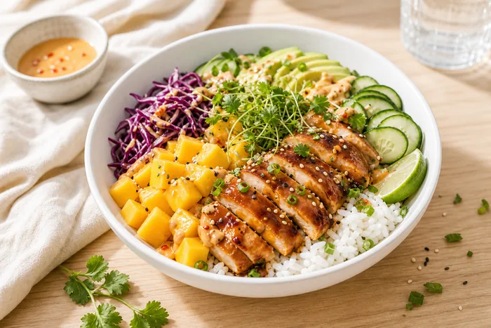 Bowl tropical de pollo teriyaki con arroz jazmín, mango, col morada y aderezo cítrico