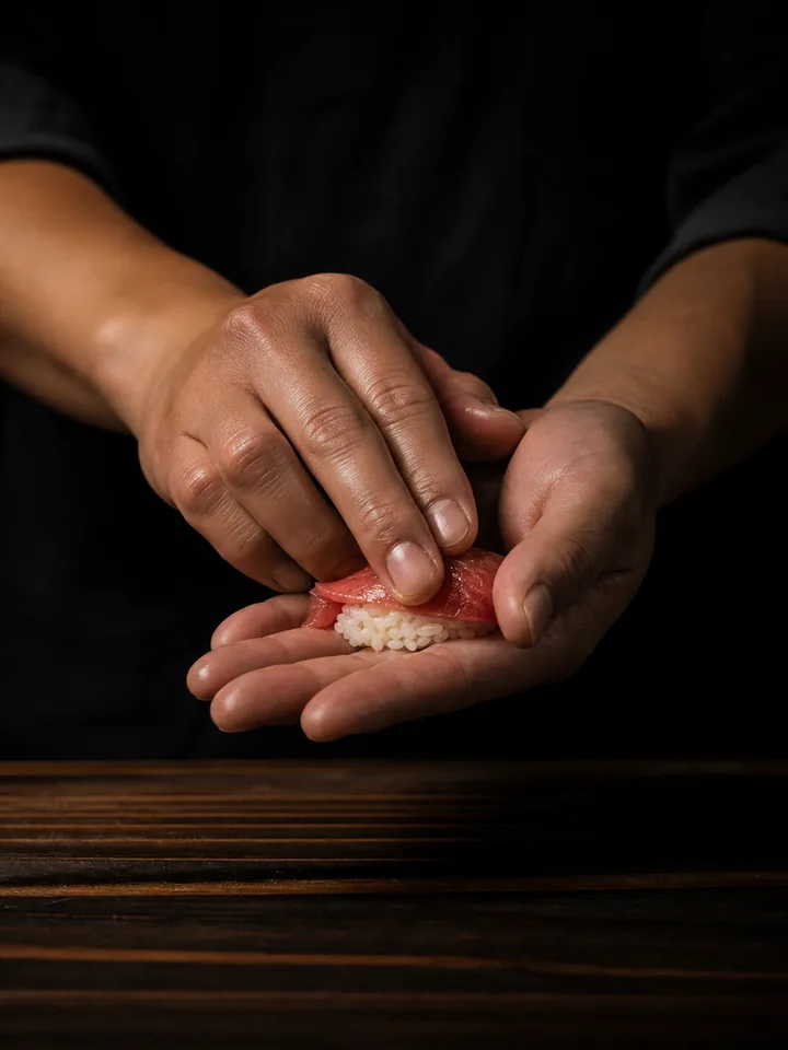 Manos del itamae preparando nigiri con precisión sobre tabla de madera oscura