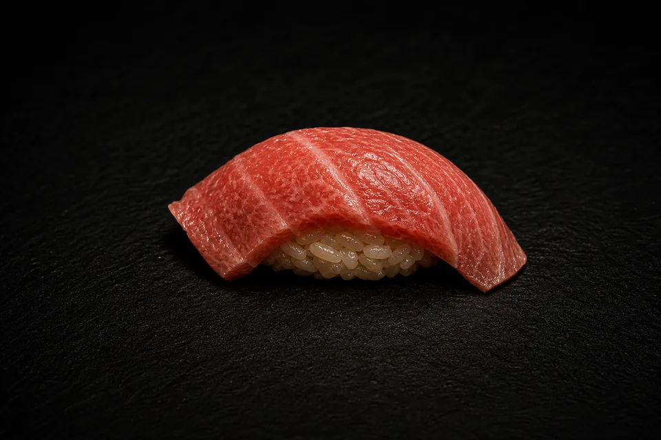 Toro nigiri sobre arroz de shari templado con trazo de wasabi fresco