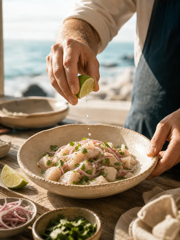 Chef preparando ceviche fresco con ingredientes del mar