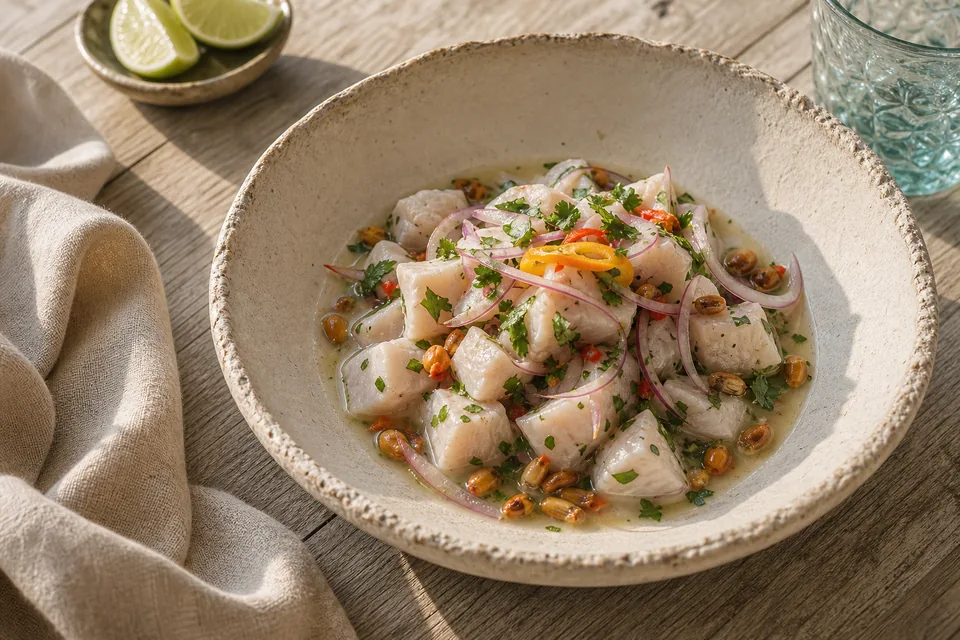 Ceviche clásico en leche de tigre con mariscos frescos