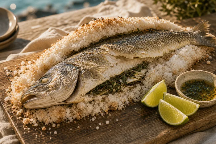 Pescado del día a la sal con hierbas costeras