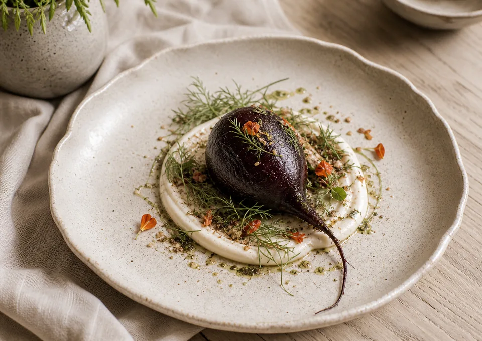 Remolacha asada sobre piedra volcánica con labneh de almendra y flores del huerto