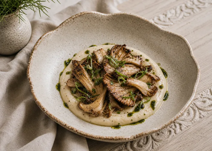 Hongos ostra al koji sobre puré de raíz de apio con aceite de cebollín quemado