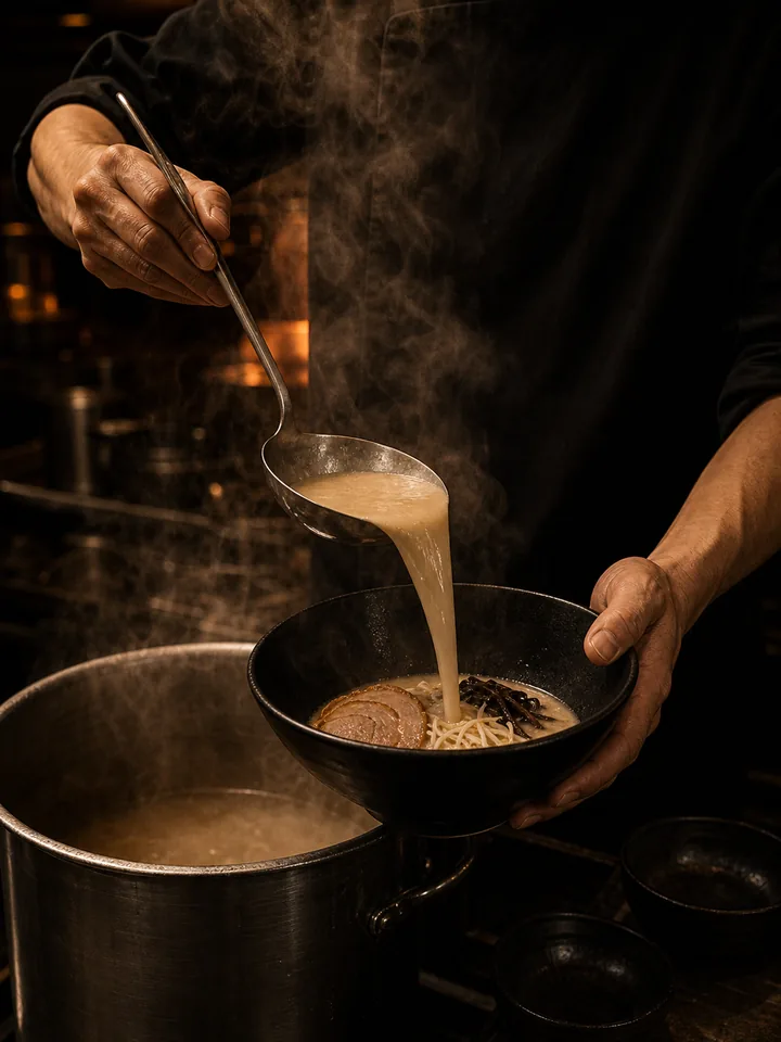 Maestro ramen preparando caldo de tuétano en olla de hierro fundido en cocina oscura