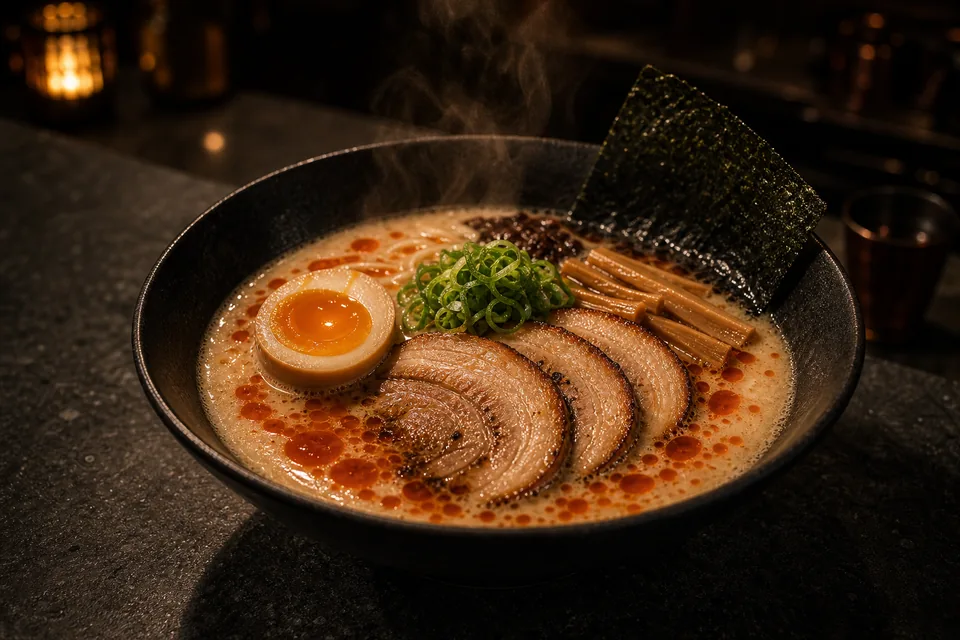 Bowl de ramen tonkotsu con chashu de panceta, huevo ajitsuke marinado, menma y cebolla verde sobre caldo opaco humeante