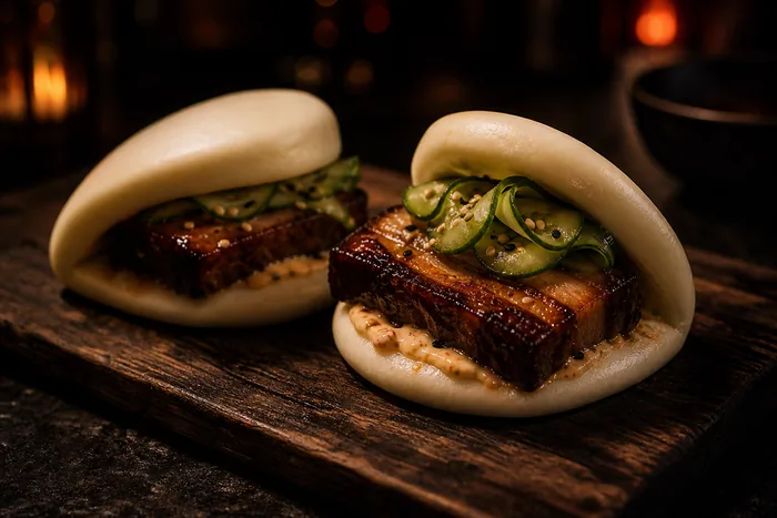 Bao al vapor relleno de panceta confitada con hoisin, pepino encurtido y cebollín sobre tabla de madera oscura