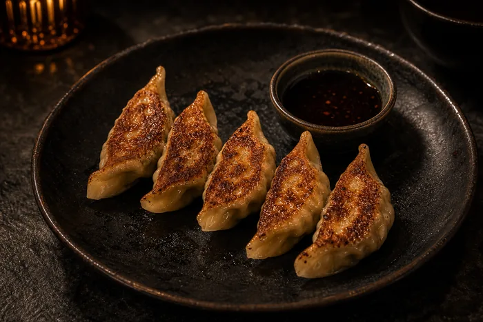 Gyoza crujiente recién salida de la sartén con aceite de chile y salsas al costado