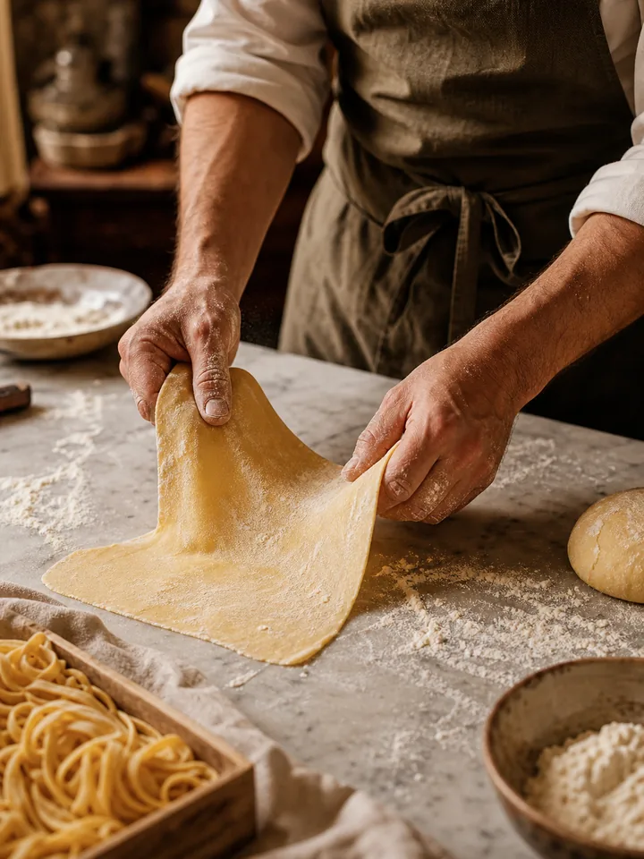 Manos del chef preparando pasta fresca en la cocina de Vesta