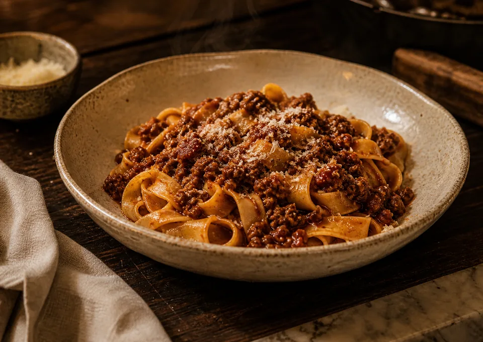 Tagliatelle al ragù della nonna sobre tabla rústica