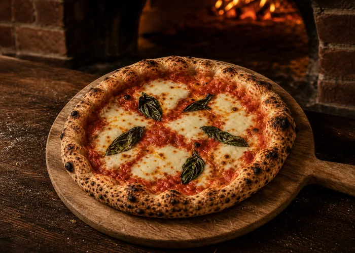 Pizza margherita recién salida del horno de leña
